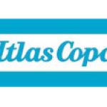 A blue and white logo for atlas copco.