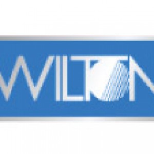 A blue and white logo for wilton
