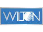 A blue and white logo for wilton
