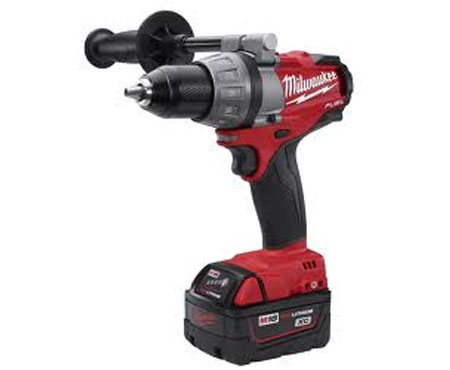 A red and black cordless drill with a battery