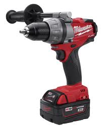 A red and black cordless drill with batteries
