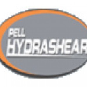 A gray and orange logo for a company called pell hydrashear.