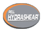 A gray and orange logo for a company called pell hydrashear.